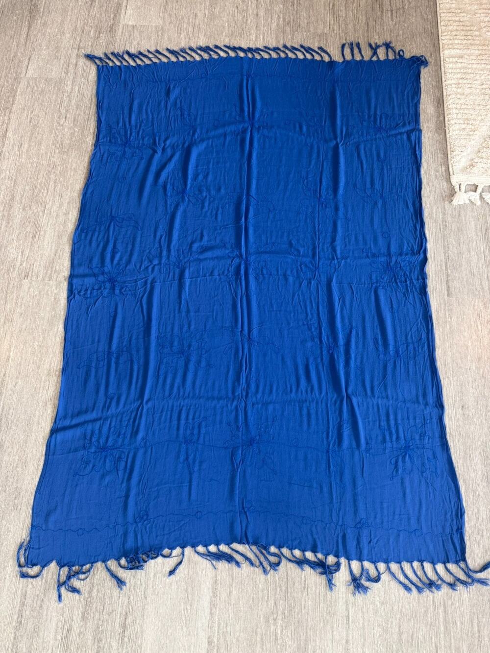 Blue Embroidered Sarong Wrap Floral Fringe Beach Cover-Up